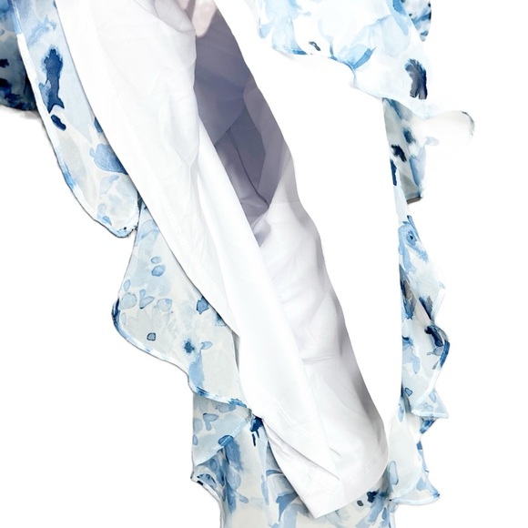 New with Tags Be By Chetta B Women's Ivory Navy Fitted Mini Ruched Ruffle Dress - Picture 7 of 16